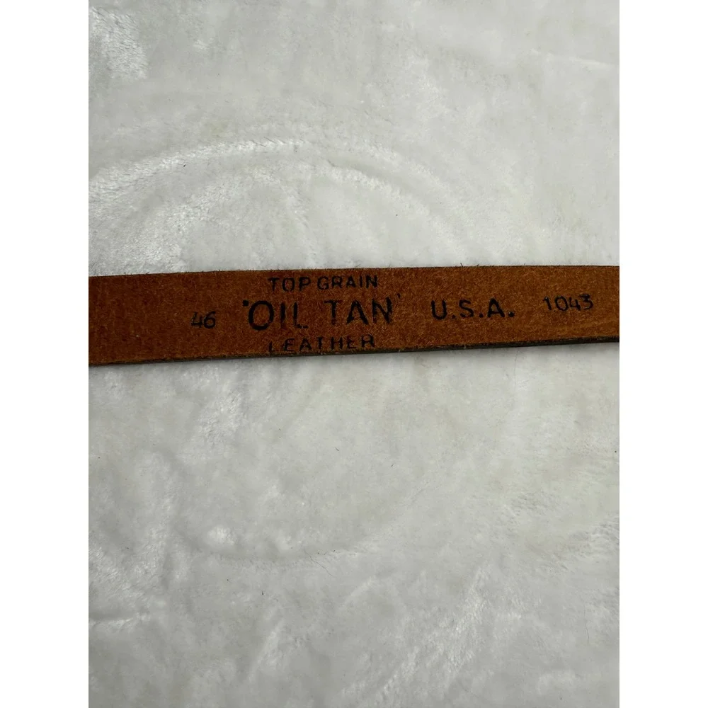 Vintage Top Grain Oil Tan Leather Belt Mens 46 Brown Made in USA Gold Buckle